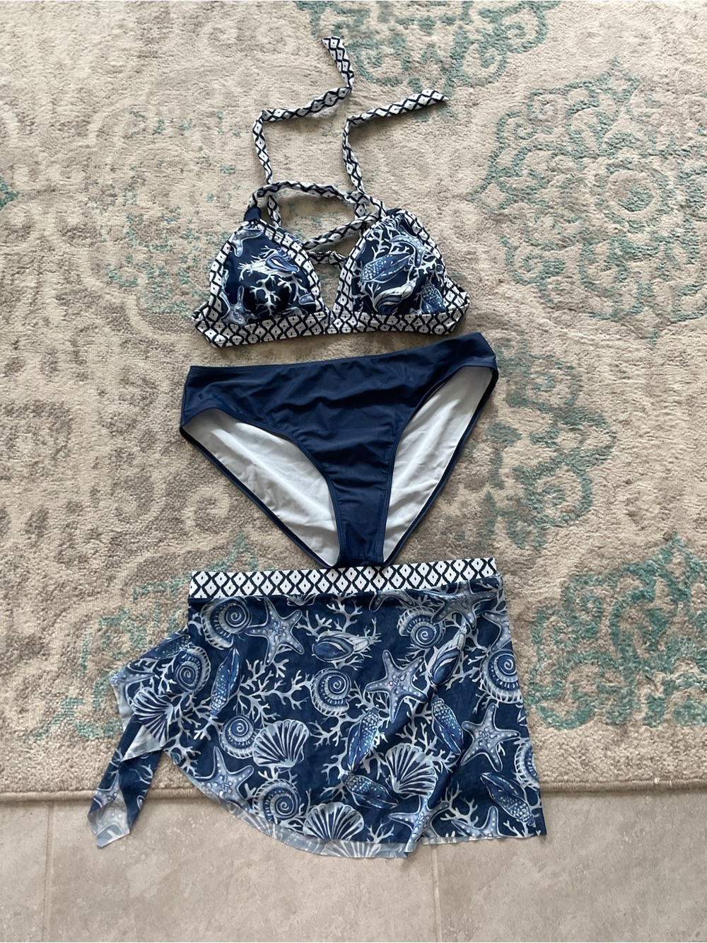 Navy Blue Nautical Print Bikini Set with Sarong